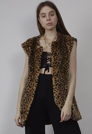VINTAGE 80'S LEOPARD PRINT FAUX FUR GILET