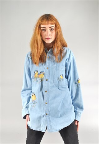 VINTAGE UNISEX LIGHT BLUE BIRD PRINT DENIM SHIRT