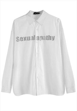 Apathy slogan blouse shiny patterned shirt sex top in white