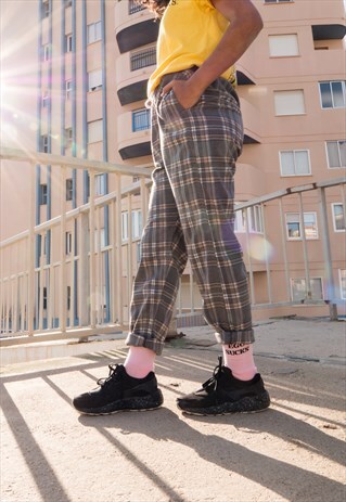 HANDMADE TROUSERS IN GREY TARTAN WITH ELASTIC WAIST