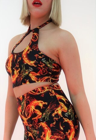 HALTER TOP IN FLAMES/DRAGON PRINT