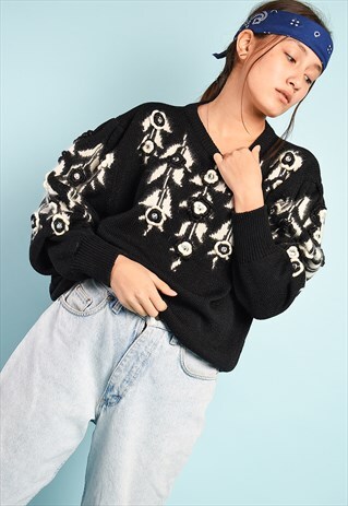 VINTAGE 80'S RETRO FLORAL EMBROIDERED KNIT JUMPER