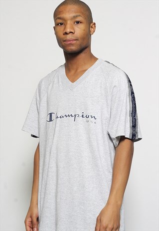 VINTAGE CHAMPION TAPE LOGO SPELLOUT T-SHIRT GREY
