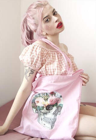 GARDEN FLORAL SKULL PINK TOTE BAG VALENTINES GIFT