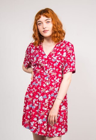 VINTAGE 90'S RED FLORAL PATTERN SUMMER MINI DRESS
