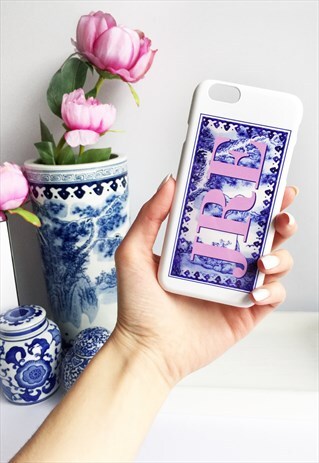 BLUE & WHITE PORCELAIN FRAME PRINT MONOGRAM PHONE CASE