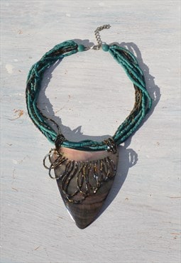 Deadstock teal blue/opalescence shell/seed bead/coconut