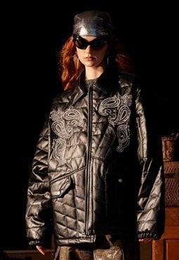 Faux leather quilted jacket paisley patch bomber winter coat
