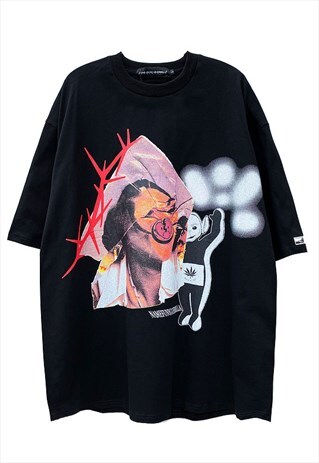 TELETUBBIES GRAFFITI TEE HELL SLOGAN BAGGY T-SHIRT IN BLACK