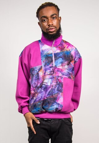 VINTAGE 90'S PURPLE PINK ABSTRACT PANEL QUARTER ZIP FLEECE