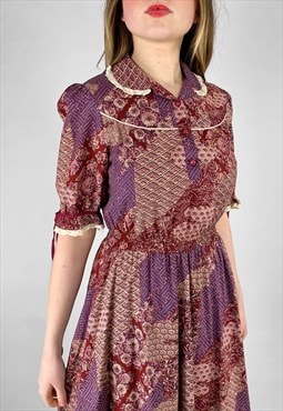 70's Vintage Purple Floral Short Sleeve Prairie Midi Dress