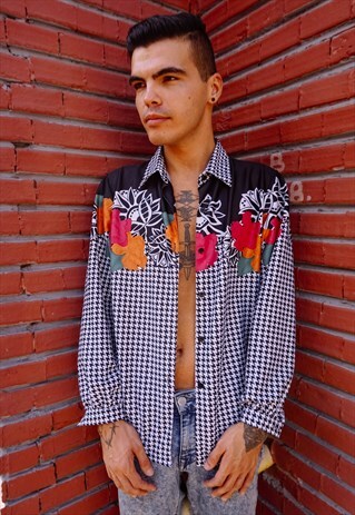 VINTAGE PIED-DE-POULE FLOWER PATTERNED COLORFUL SHIRT