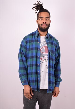 MENS VINTAGE FLANNEL SHIRT MEDIUM BLUE CHECK 90S