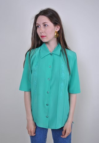 VINTAGE MINT BLOUSE, FLORAL EMBROIDERY, 90S BLOUSE
