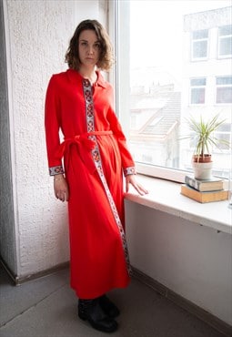 Vintage 70's Red Maxi Bohemian Long Sleeved Belted Dress