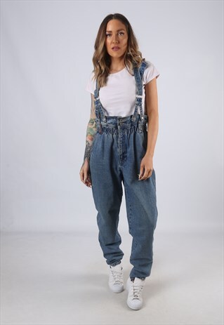 VINTAGE DENIM DUNGAREES TAPERED LEG UK 14 LARGE (C1C)