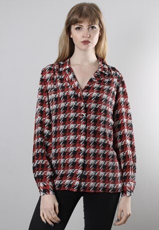 VINTAGE 80S RED DOGTOOTH CHECK PATTERNED BLOUSE