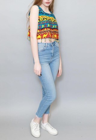 VINTAGE 1990'S BRIGHT PATTERED TASSLED FESTIVAL CROP VEST