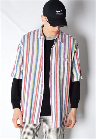 VINTAGE 90S COLOURFUL STRIPED SHORT SLEEVE SHIRT