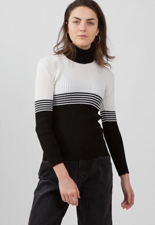 VINTAGE BLACK WHITE CETIN TURTLE ROLL NECK JUMPER SWEATER