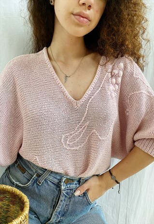 VINTAGE 90S OVERSIZED BLUSH PINK KNIT BOHEME BLOUSE TOP