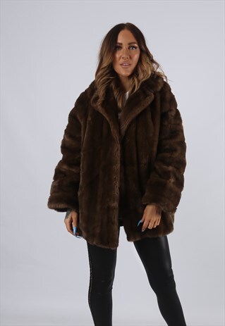VINTAGE FAUX FUR COAT JACKET SHORT UK 14 - 16 L / XL (CJ2B)
