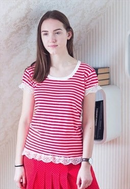 Bright red white short sleeve striped top with crochet