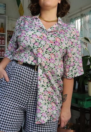 VINTAGE 90S PINK PASTEL FLORAL FLOWERY FLOWER V SHIRT BLOUSE