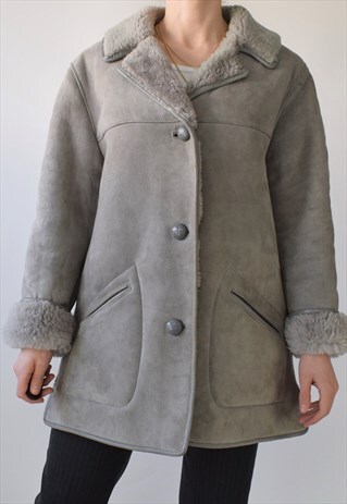 VINTAGE DOVE GREY SUEDE SHEARLING SHEEPSKIN COAT S