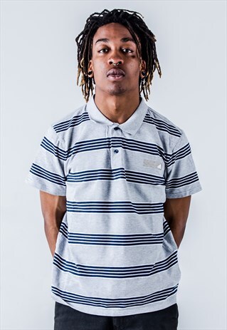 VINTAGE 90S ADIDAS STRIPED POLO SHIRT IN GREY AND NAVY BLUE