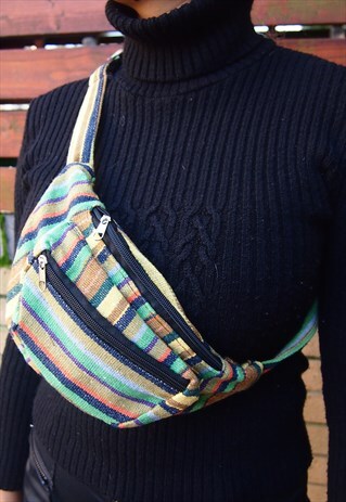 GREEN MULTI WOVEN BUM BAG