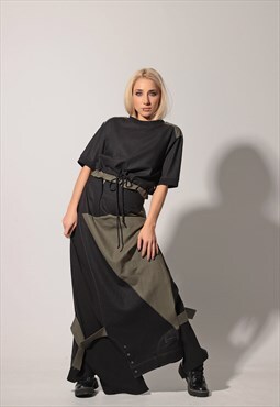 Maxi linen skirt with reversed jeans detail 