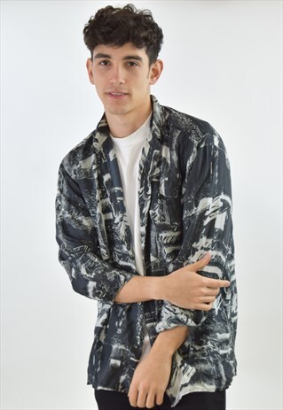 VINTAGE BLACK WHITE LONG SLEEVE SILK PATTERN SHIRT