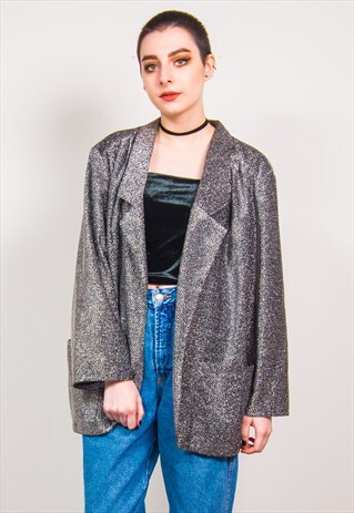 VINTAGE 90'S SILVER SPARKLY OVERSIZED BLAZER JACKET