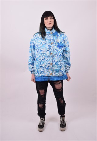 VINTAGE 90'S BLUE FLOWER PRINT SKI WINDBREAKER JACKET MEDIUM