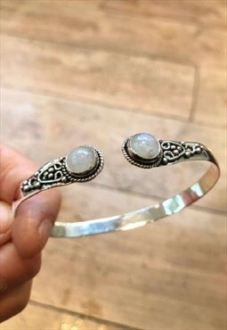 Silver Cuff Bracelet with Moonstone Adjustable