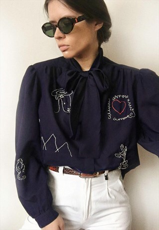 HAND EMBROIDERED NAVY PUSSY BOW SHIRT