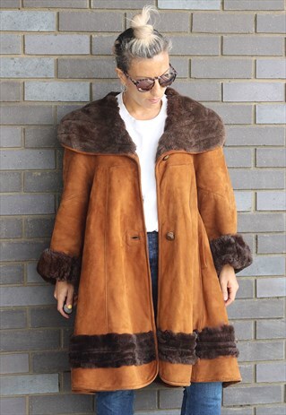 VINTAGE 1980S RUST SUEDE SHEARLING OVERSIZED SWING COAT