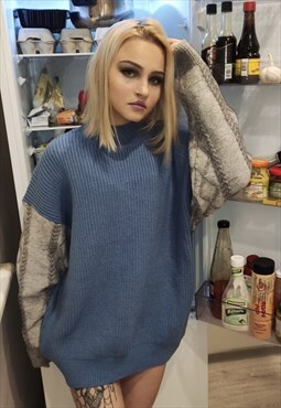 cable knitwear sweater Y2K stitched sleeve jumper grey Blue