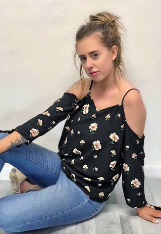 BLACK FLORAL COLD SHOULDER TOP