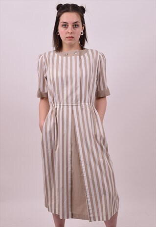 VINTAGE 80'S BEIGE WHITE STRIPE DRESS PREPPY UNI SIZE 10 12