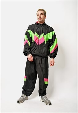 90s style tracksuit set mens black multi colour block Retro