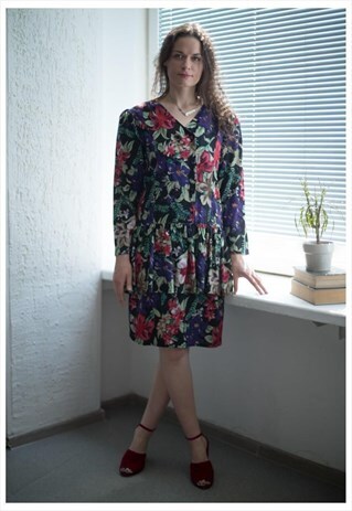 VINTAGE 70'S MIDI BLACK FLOWER PRINT LONG SLEEVE DRESS
