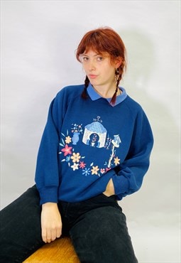 Vintage Size M Floral Embroidered Sweatshirt in Blue