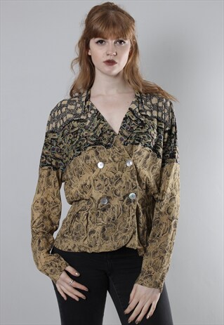 VINTAGE 80S PATTERNED DOUBLE BREASTED BLAZER BLOUSE TOP