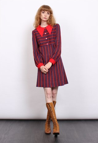 VINTAGE 60S RED STRIPE COLLAR MOD MINI DRESS