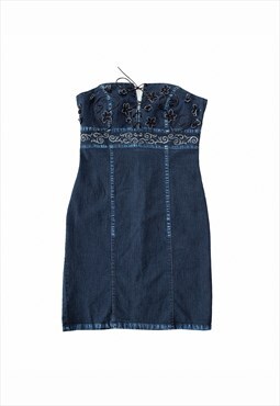 Vintage Y2K 00s bandeau denim mini dress with flower trim