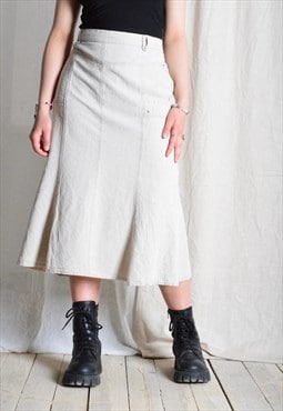 Vintage 90s Beige Linen Blend Scandi Minimalist Midi Skirt