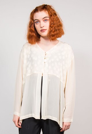 VINTAGE 90'S CREAM SHEER EMBROIDERED BOHO SHIRT BLOUSE