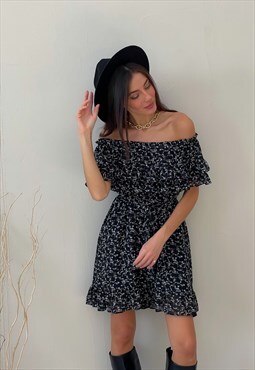 Chiffon sundress floral black with ruffles